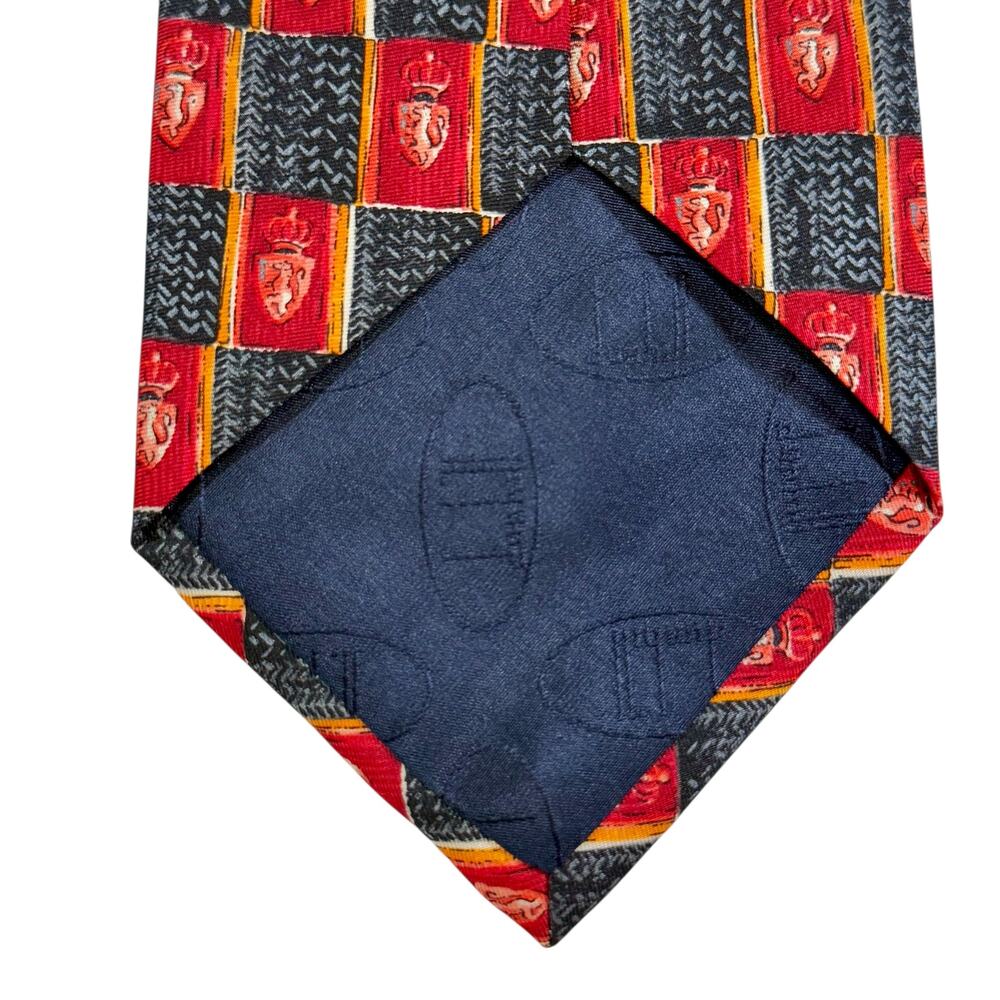 VTG Dunhill‎ 100% Silk Necktie Crest Checkerboard Crown Heraldic Red Black Gold - Picture 9 of 9